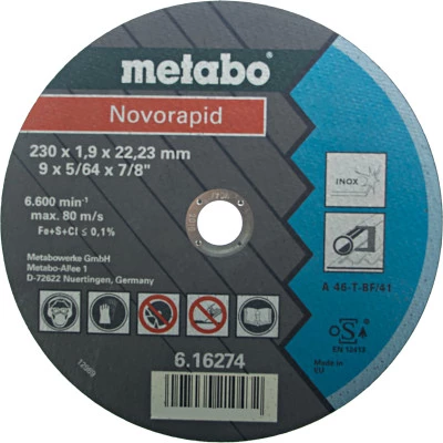 Фото Круг отрезной по металлу Metabo Novorapid A46T Inox 230х1.9 мм тип 41 617021000