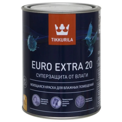 Фото Краска для влажных помещений Tikkurila Euro Extra 20 База С прозрачная полуматовая 0.9 л