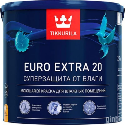 Фото Краска для влажных помещений Tikkurila Euro Extra 20 База С прозрачная полуматовая 2.7 л