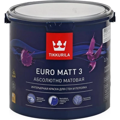 Фото Краска интерьерная Tikkurila Euro Matt 3 База А белая глубокоматовая 2.7 л