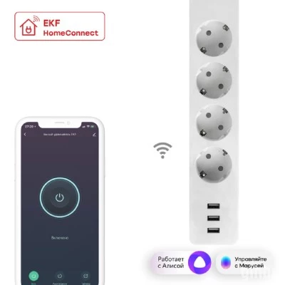 Фото Умный удлинитель EKF Connect 4 гнезда Wi-Fi c USB длина 1.8 м белый