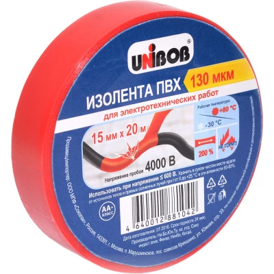 Фото Изолента Unibob ПВХ 130 мкм 15 мм x 20 м красная