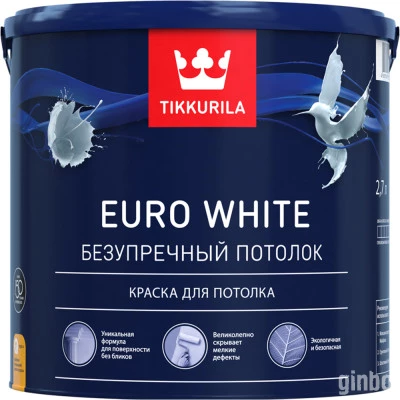 Фото Краска для потолка Tikkurila Euro White глубокоматовая 9 л