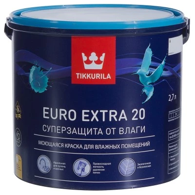 Фото Краска для влажных помещений Tikkurila Euro Extra 20 База А белая полуматовая 2.7 л
