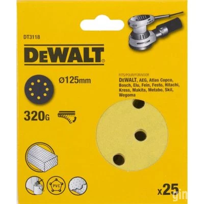 Фото Круги шлифовальные Dewalt 8 отверстий 320G 125 мм, 25 шт. DT3118-QZ